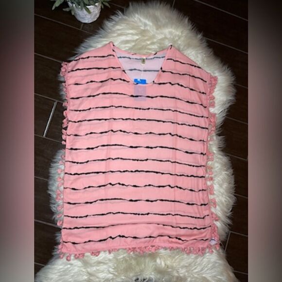 Yincro coral/black striped Chiffon Tassel Swimsuit Cover Up Beach - Picture 2 of 8
